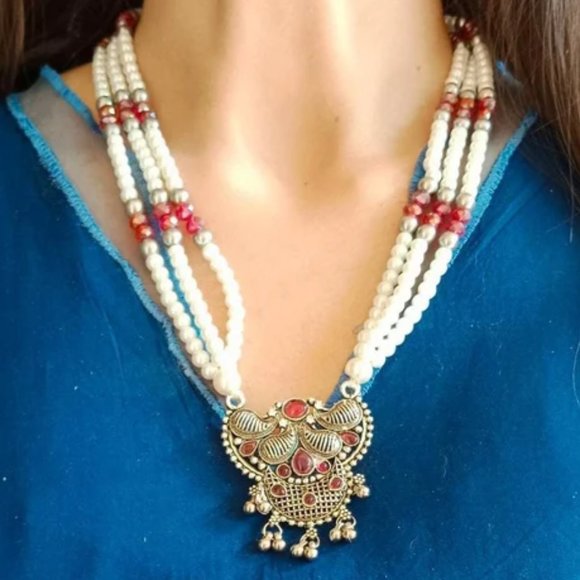 Pearls Beaded Chain Jewelry Set, Tribal Jewelry Set, Beaded Chain Pendant Neckla - Picture 5 of 10